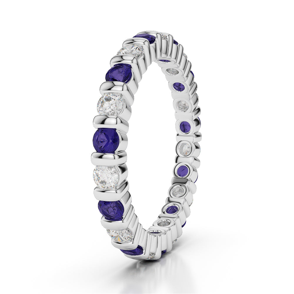 1.50ct Diamond & Blue Sapphire Bar Set Full Eternity Ring 18K White Gold
