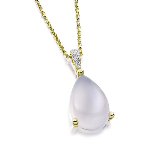 This Moonstone Pear Pendant features a pear-shaped moonstone in a delicate three-claw setting. Adorned with a sparkly diamond bail.