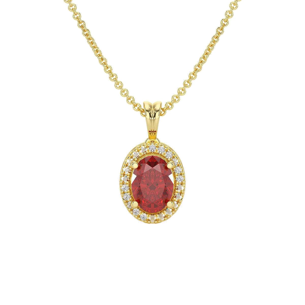 Oval Ruby Halo Pendant in yellow gold