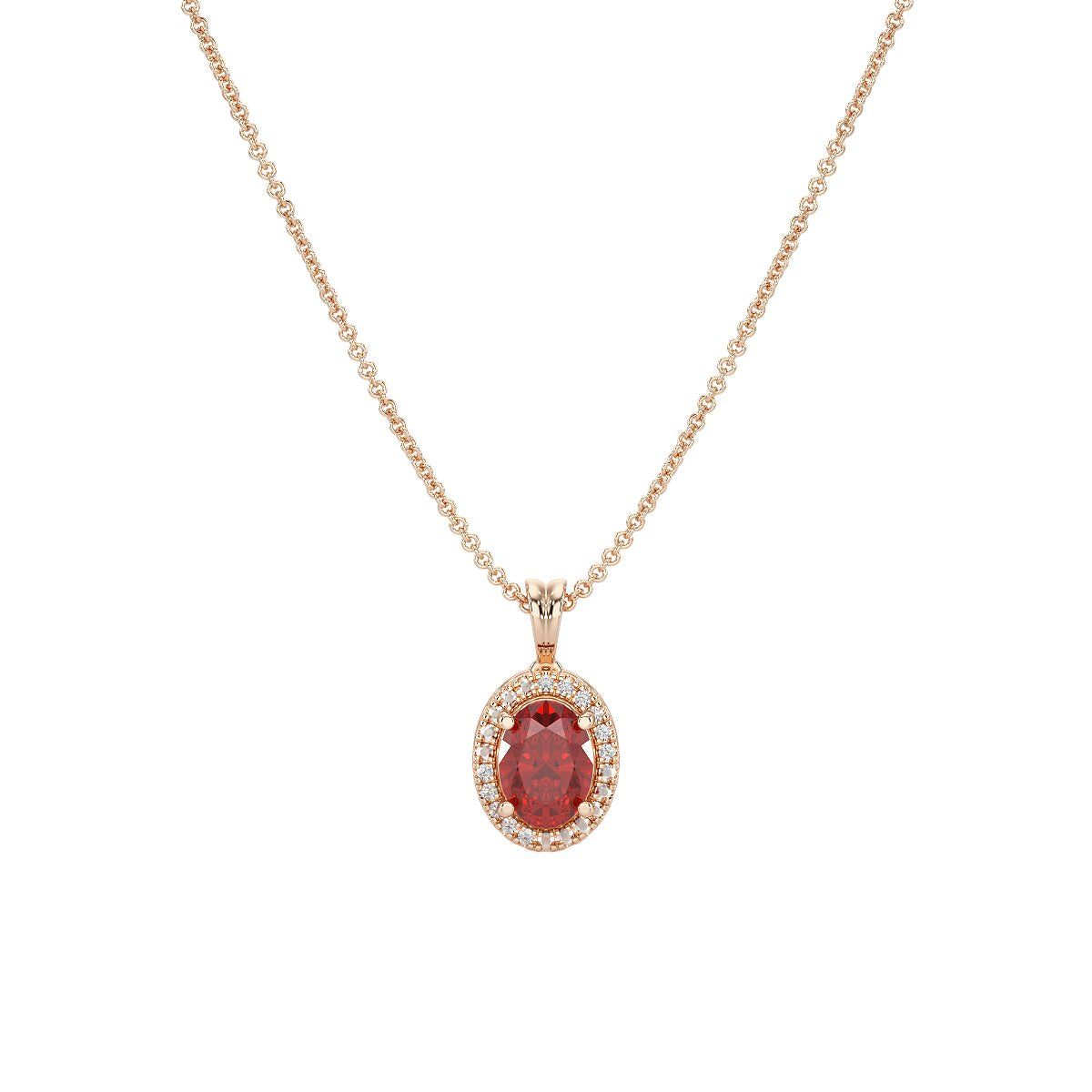 Oval Ruby Halo Pendant in rose gold