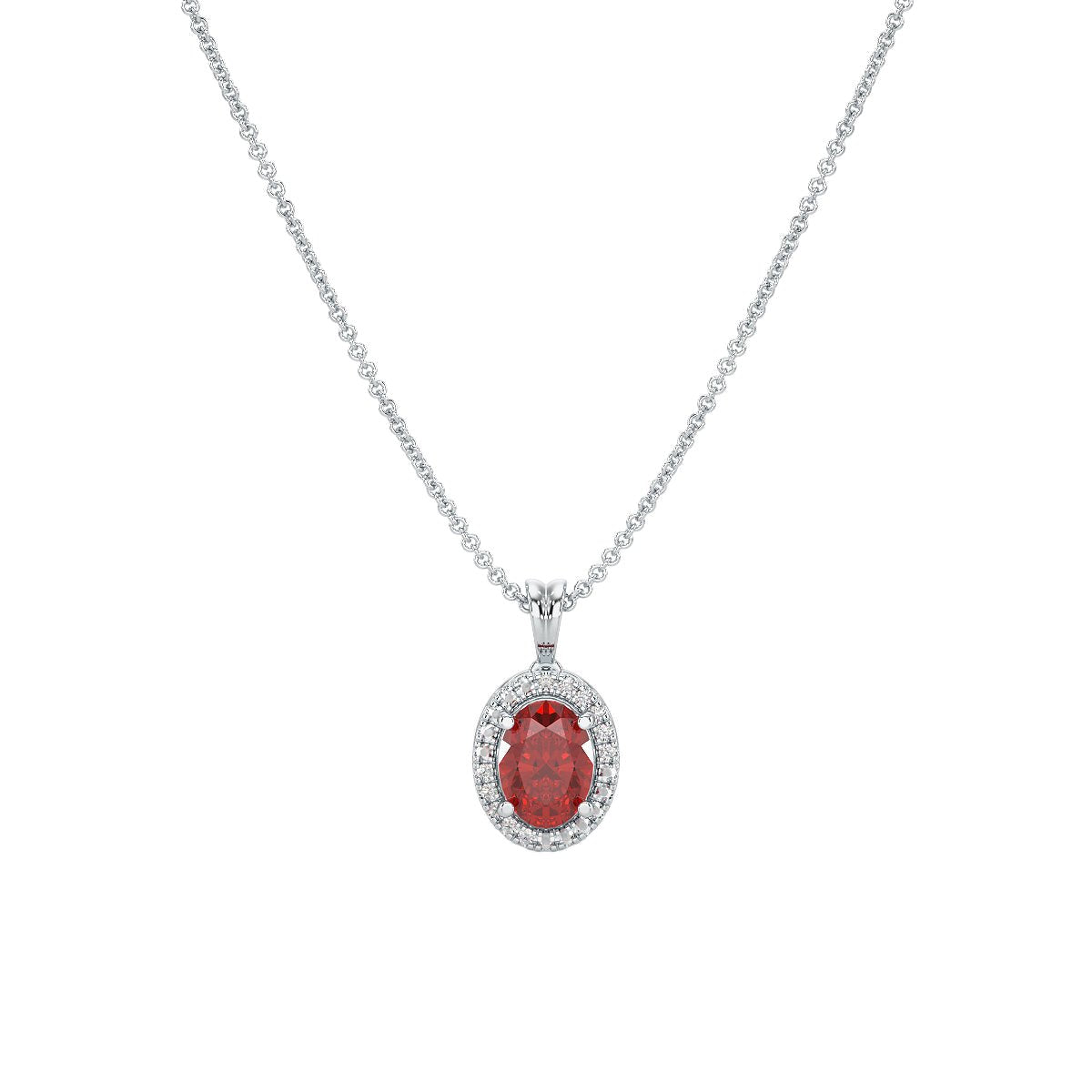 Oval Ruby Halo Pendant in white gold or platinum