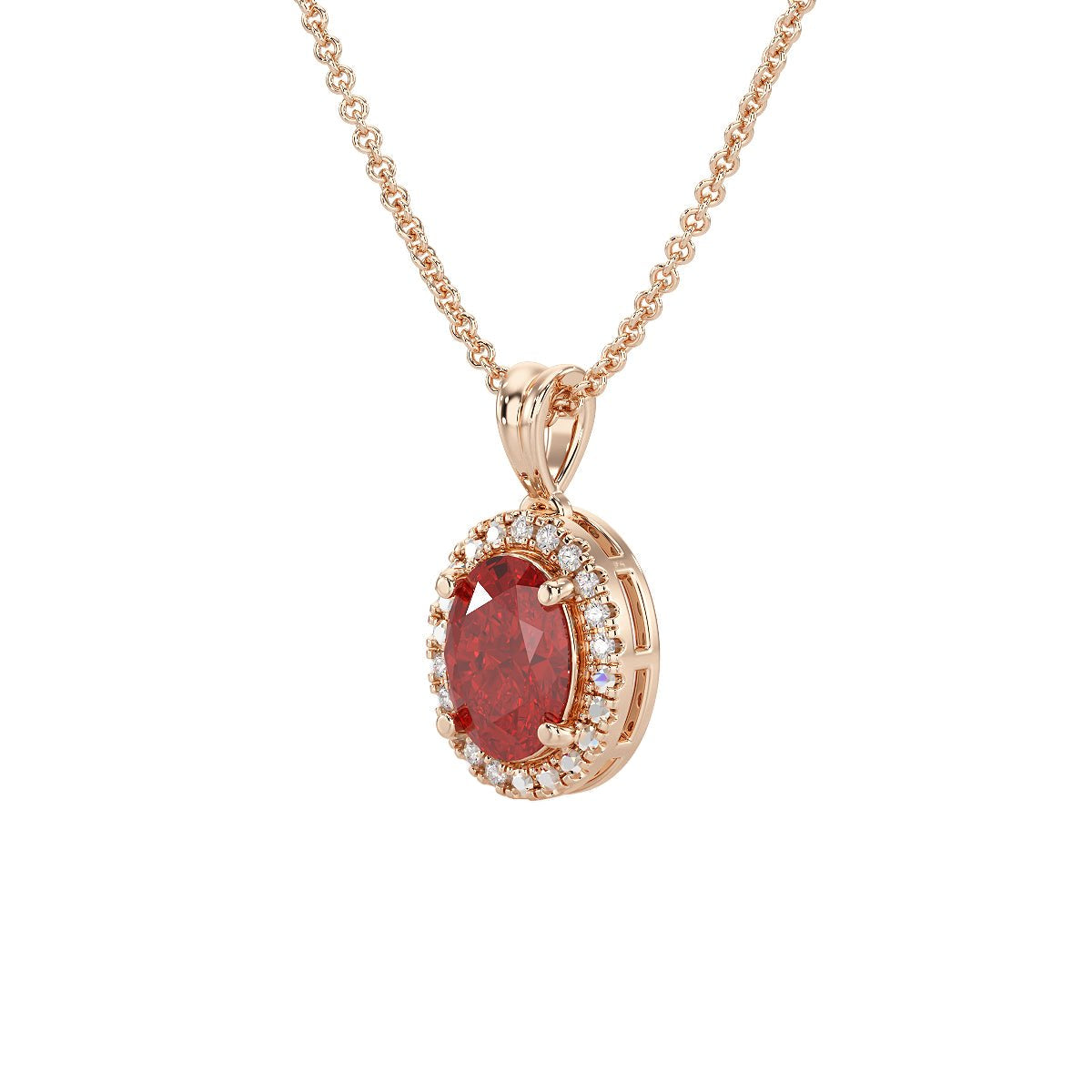 Oval Ruby Halo Pendant in rose gold