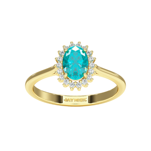An oval aquamarine gemstone ring with a sunburst design, set in 9K yellow gold.
