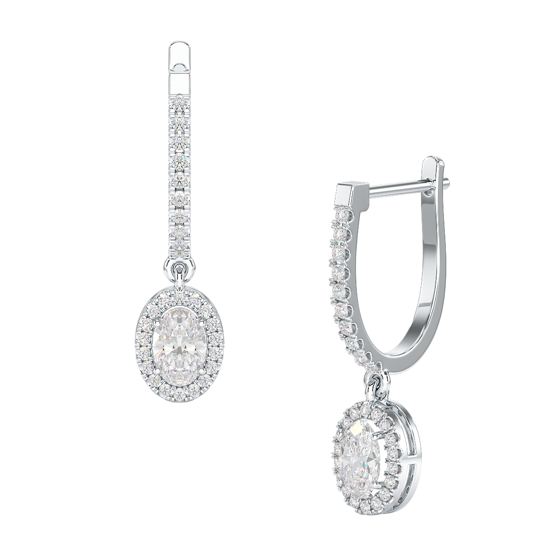 A pair of oval halo drop hoop earrings with sparkling diamonds.