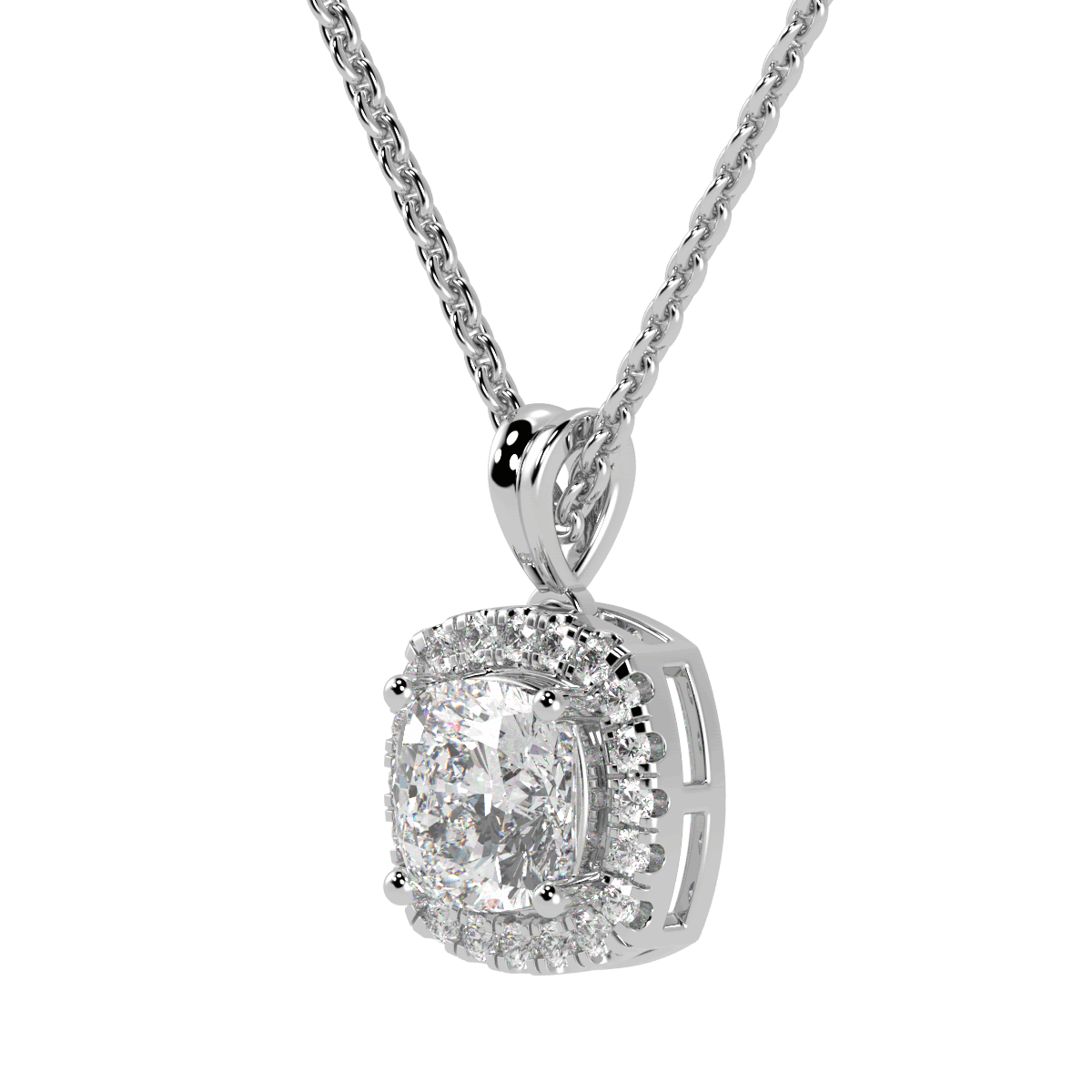 Cushion Cut Halo Pendant in white gold or platinum