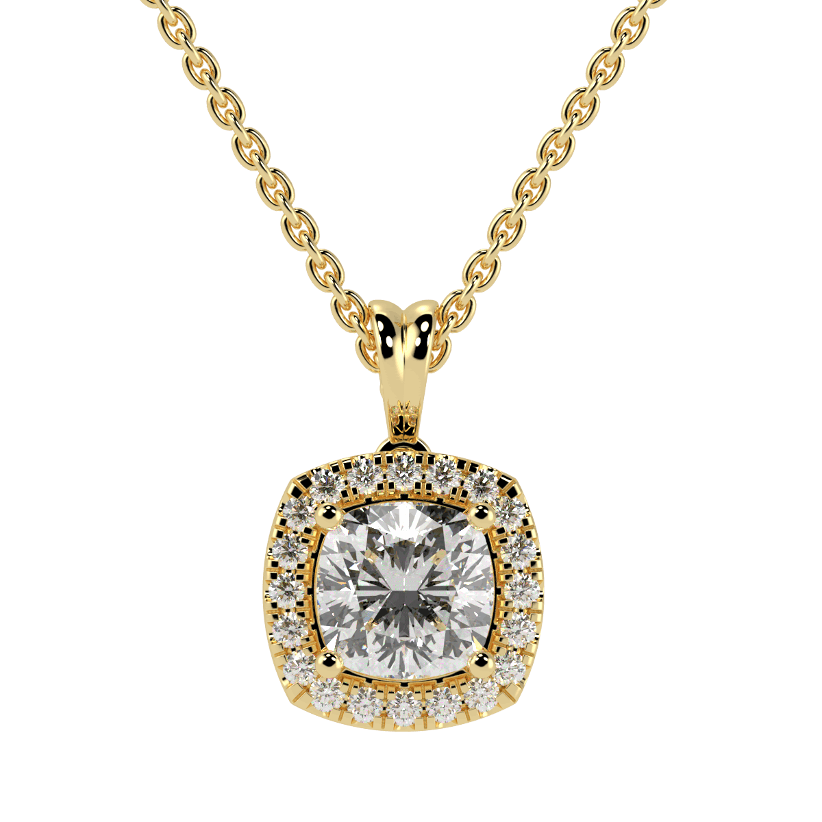 Cushion Cut Halo Pendant in yellow gold