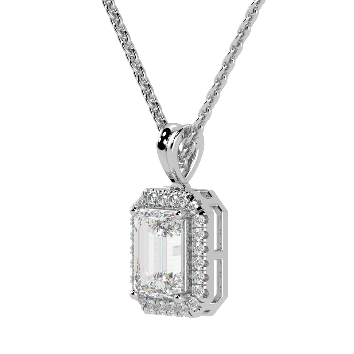 Emerald Cut Halo Pendant in white gold or platinum
