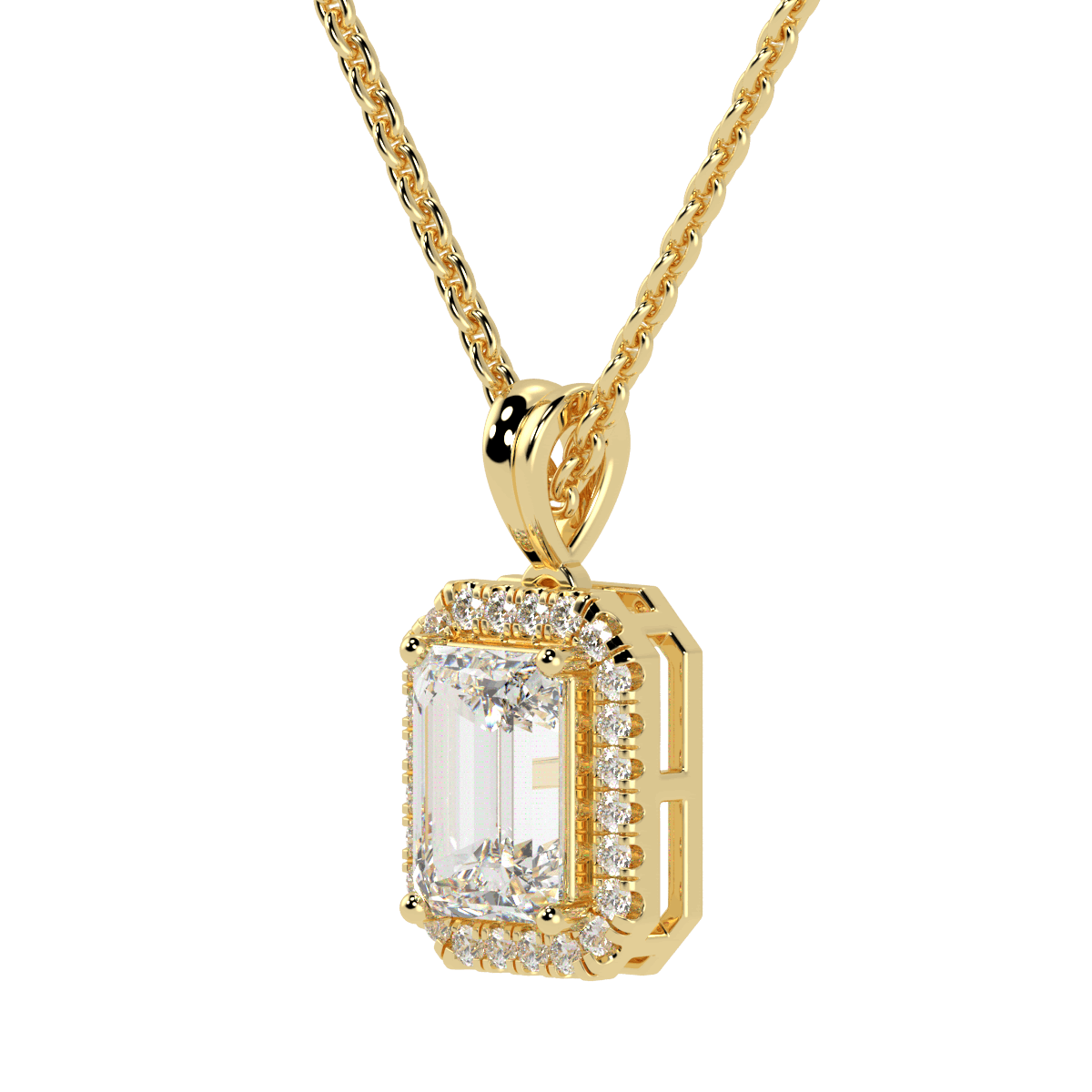 Emerald Cut Halo Pendant in yellow gold