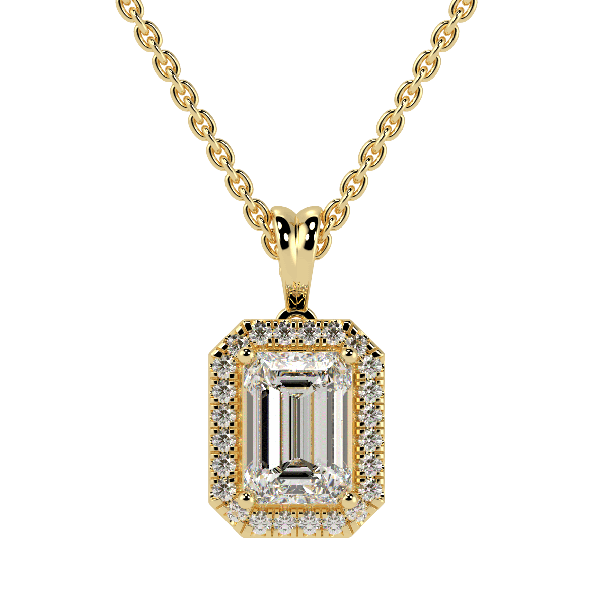 Emerald Cut Halo Pendant in yellow gold