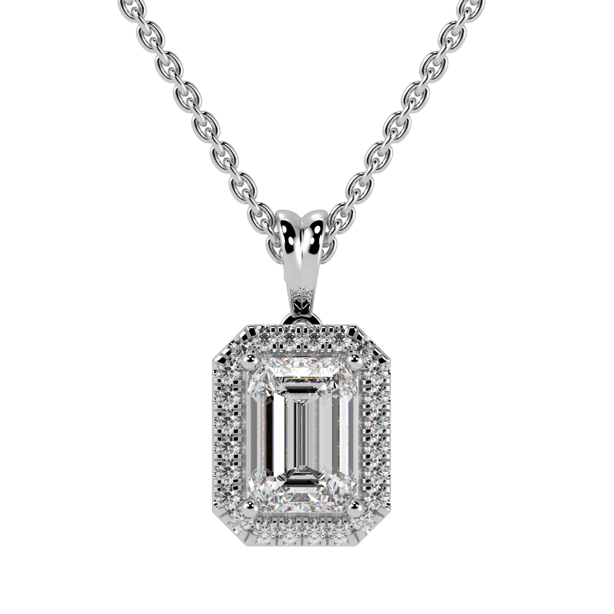 Emerald Cut Halo Pendant in white gold or platinum