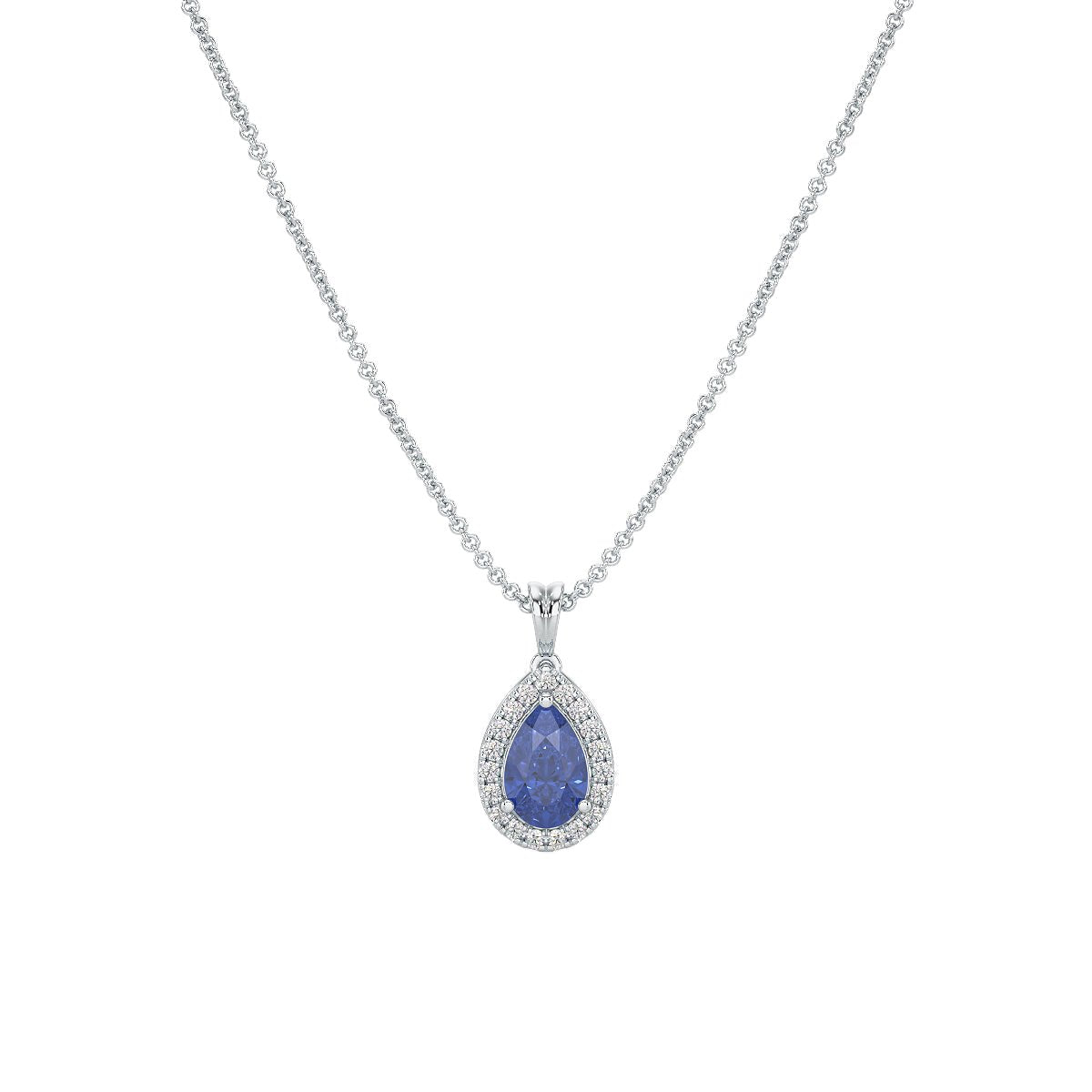 Pear Blue Sapphire Halo Pendant in white gold or platinum