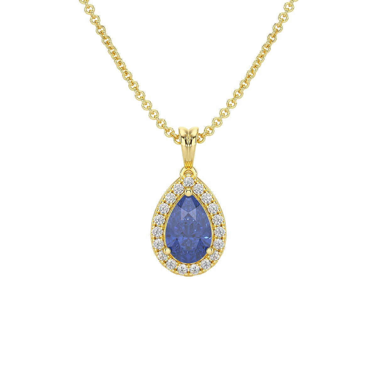 Pear Blue Sapphire Halo Pendant in yellow gold