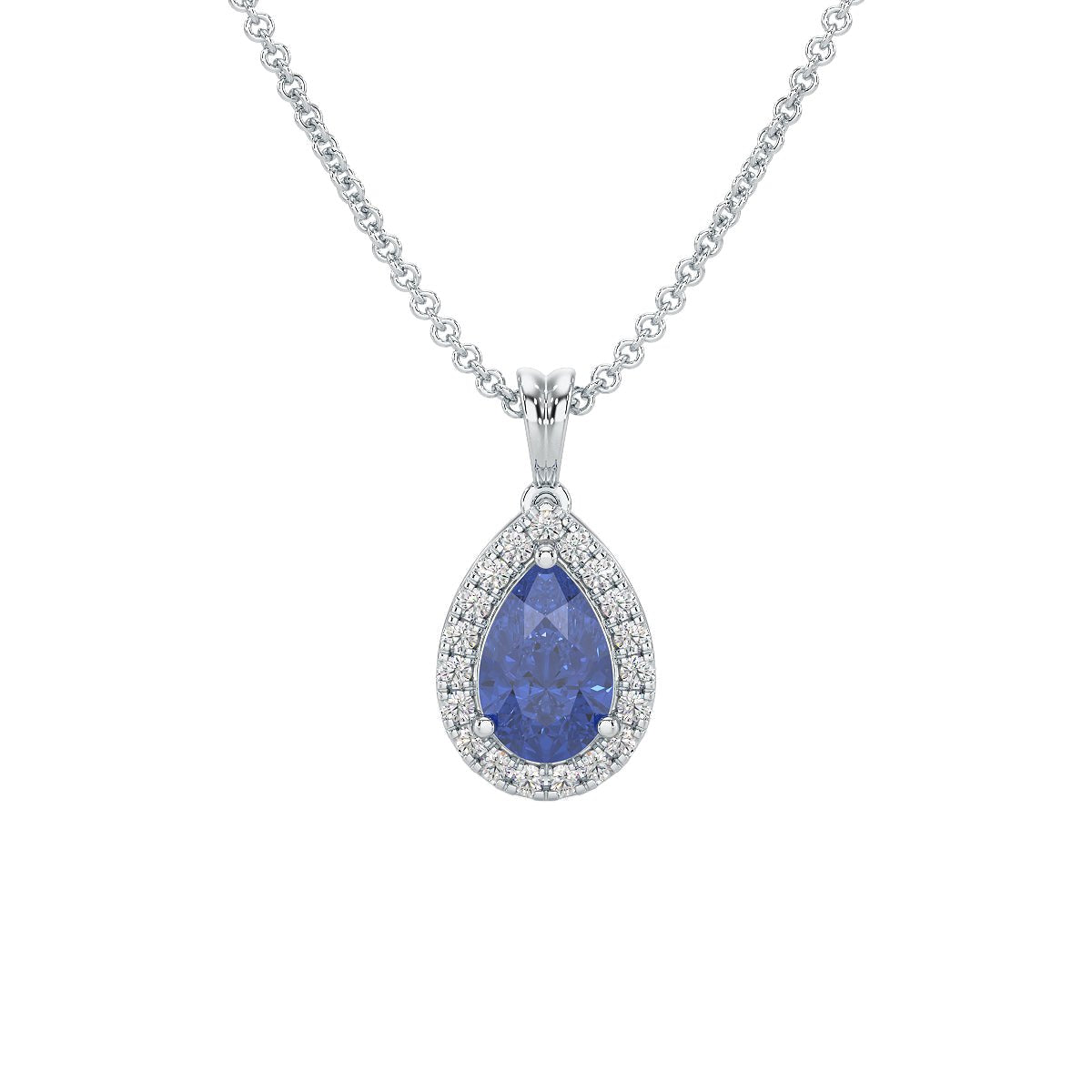 Pear Blue Sapphire Halo Pendant in white gold or platinum