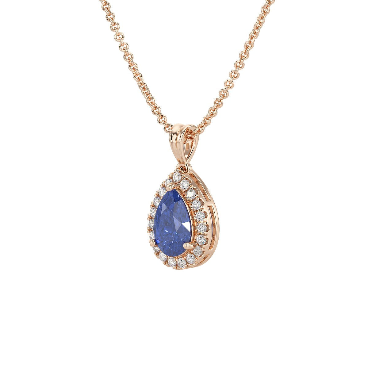 Pear Blue Sapphire Halo Pendant in rose gold