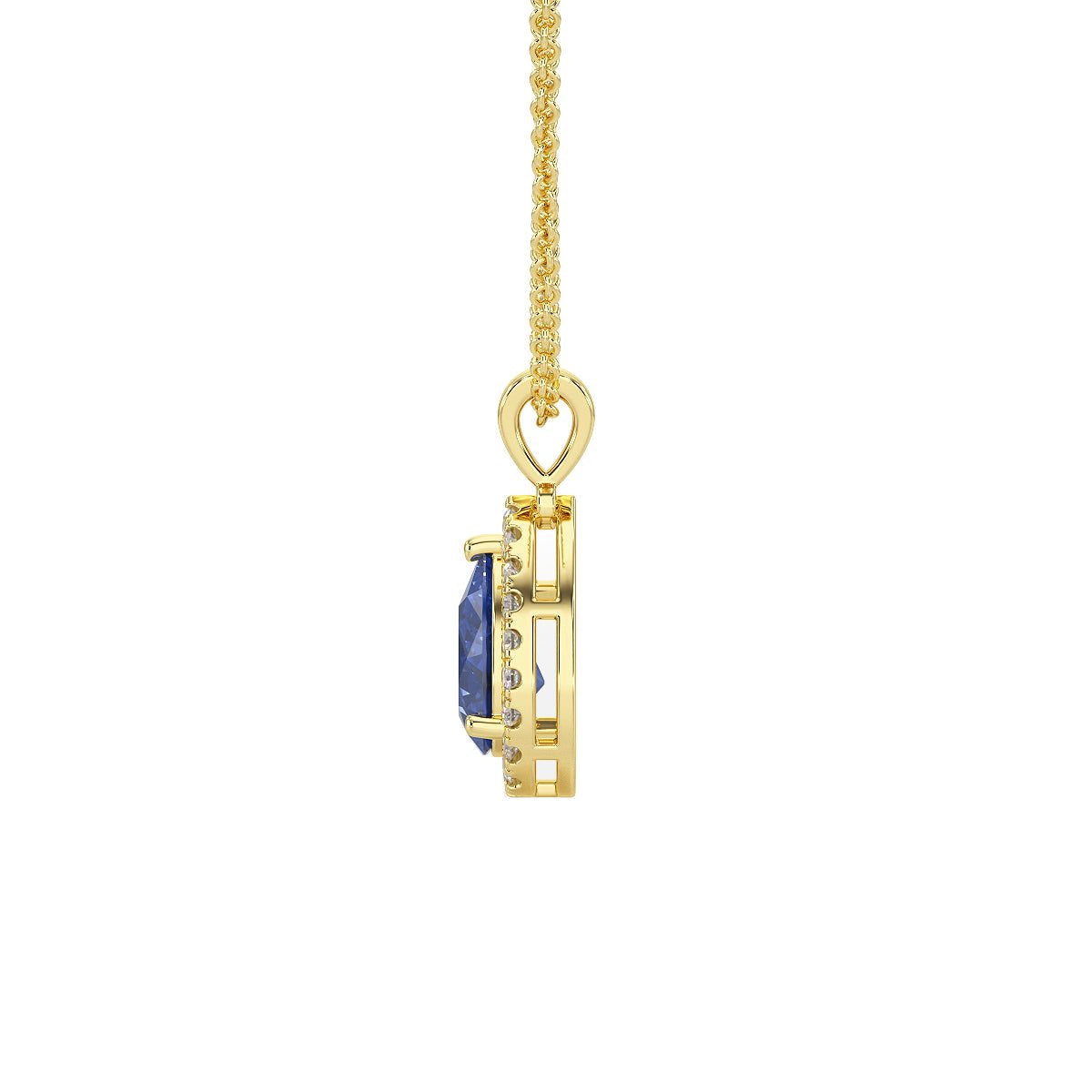 Pear Blue Sapphire Halo Pendant in yellow gold
