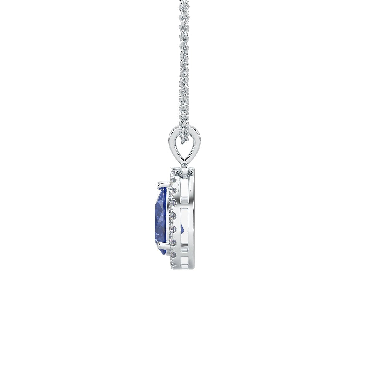 Pear Blue Sapphire Halo Pendant in white gold or platinum