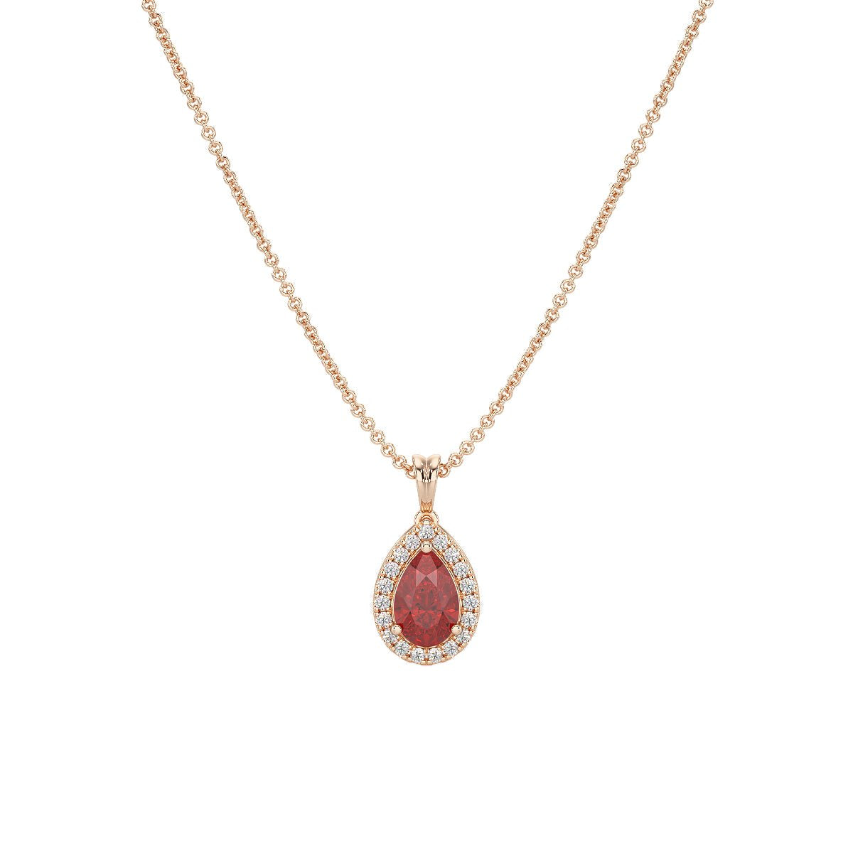 Pear Ruby Halo Pendant in rose gold