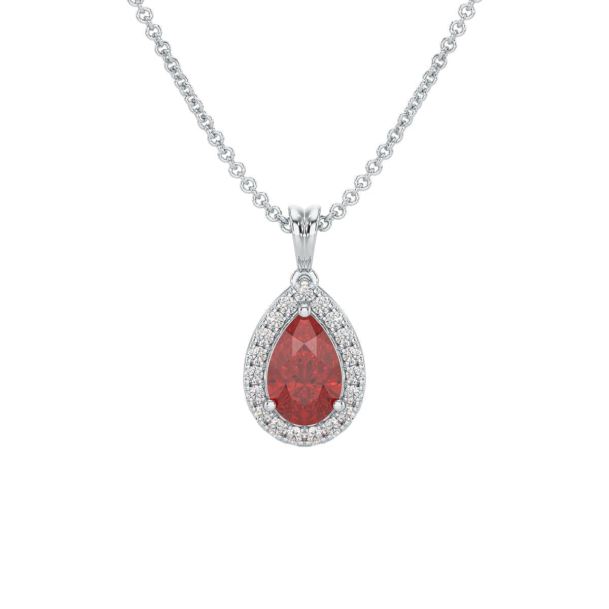 Pear Ruby Halo Pendant in white gold or platinum