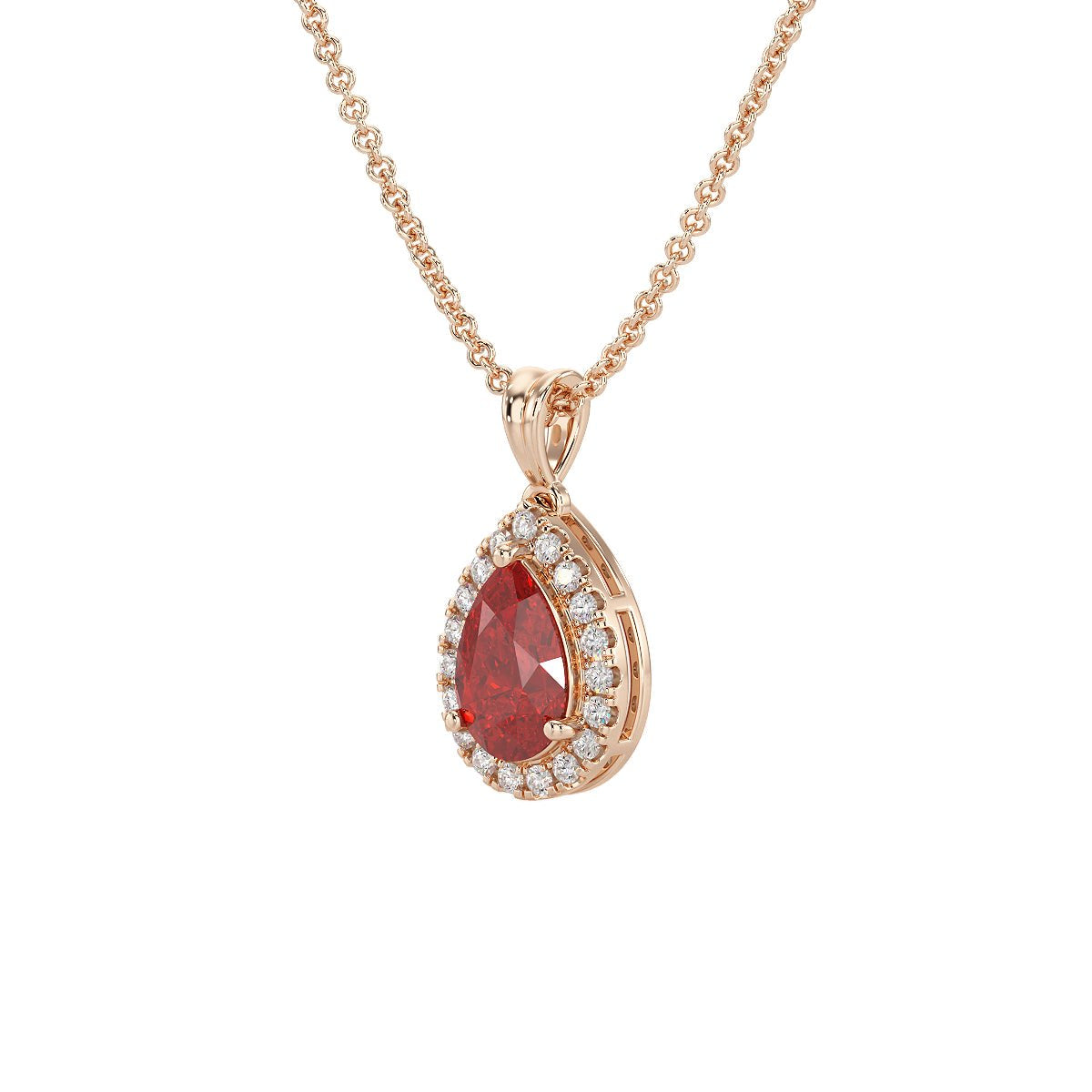 Pear Ruby Halo Pendant in rose gold