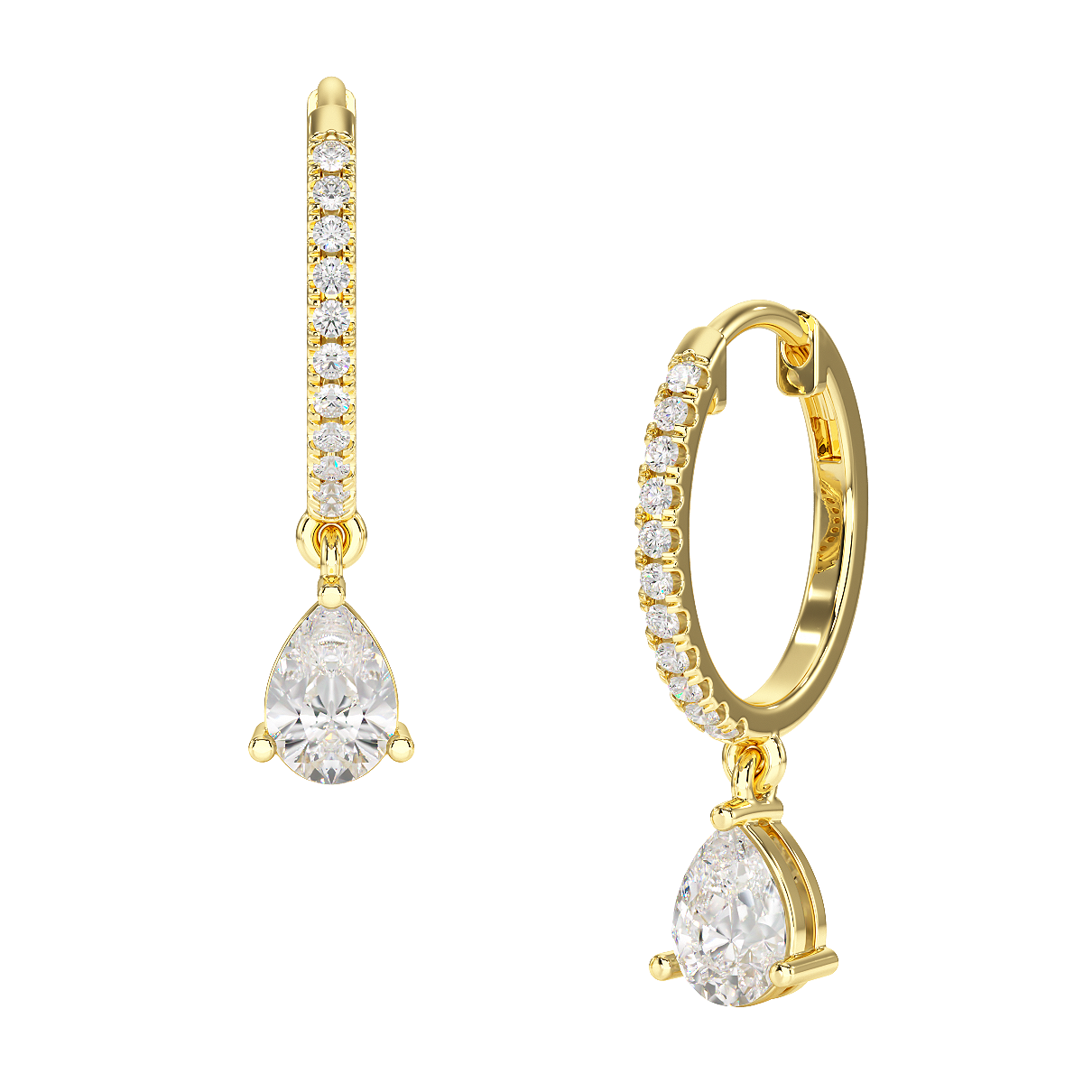 A pair of pear drop hoop earrings with a sleek hoop and a pear-shaped stone, suspended from the bottom.