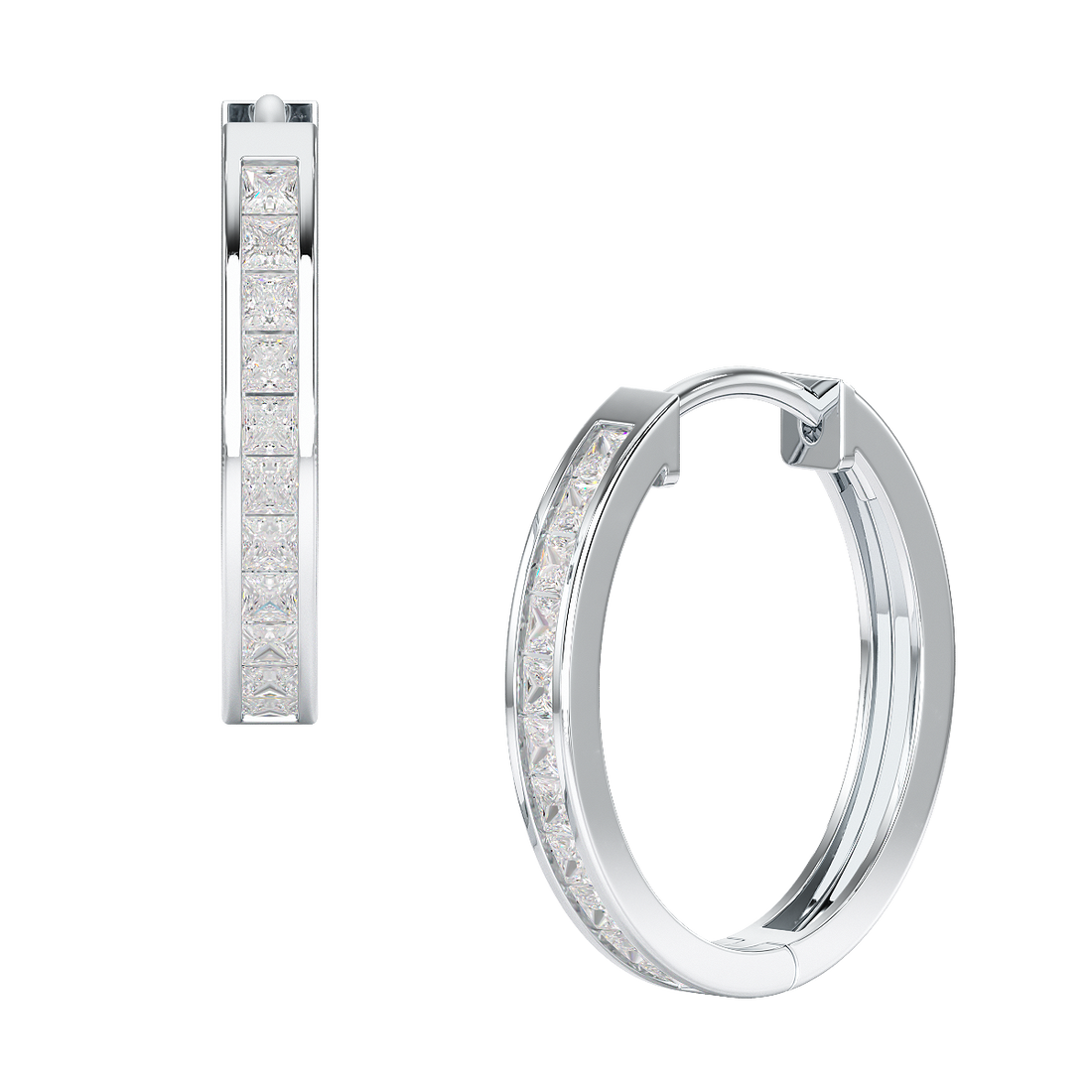A pair of hoop earrings made of white gold with princess cut diamonds.