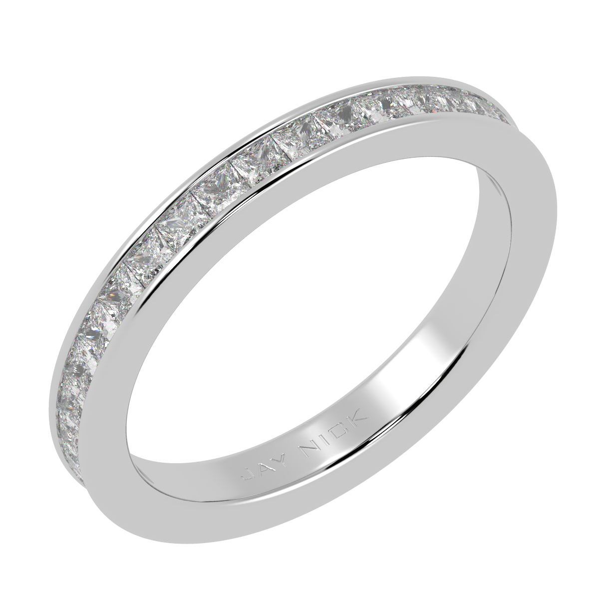 Princess Cut Full Eternity Ring in white gold or platinum, perspective view