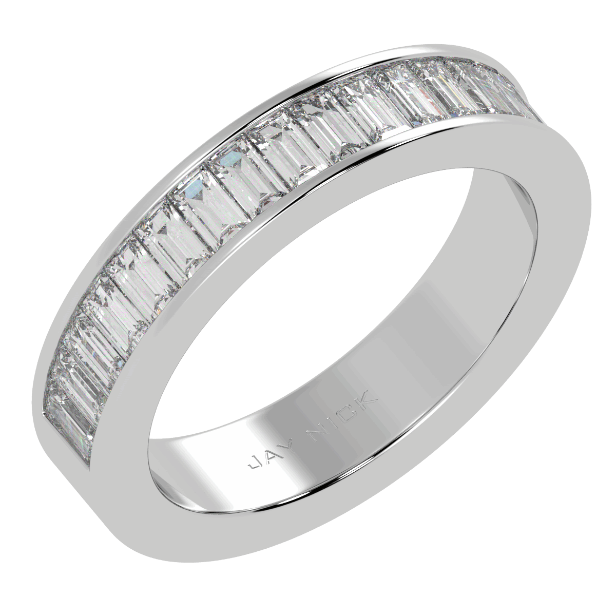 Baguette Cut Half Eternity Ring in white gold or platinum, perspective view