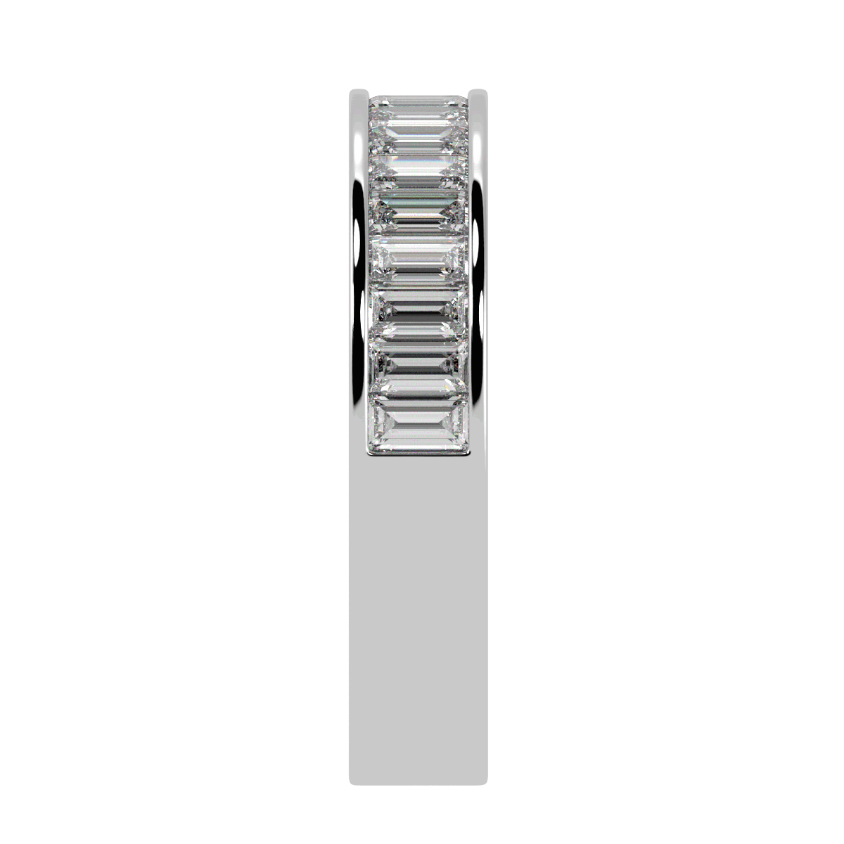 Baguette Cut Half Eternity Ring in white gold or platinum, side view