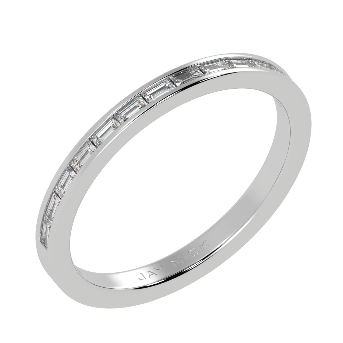 Petite Baguette Cut Half Eternity Ring in white gold or platinum, perspective view