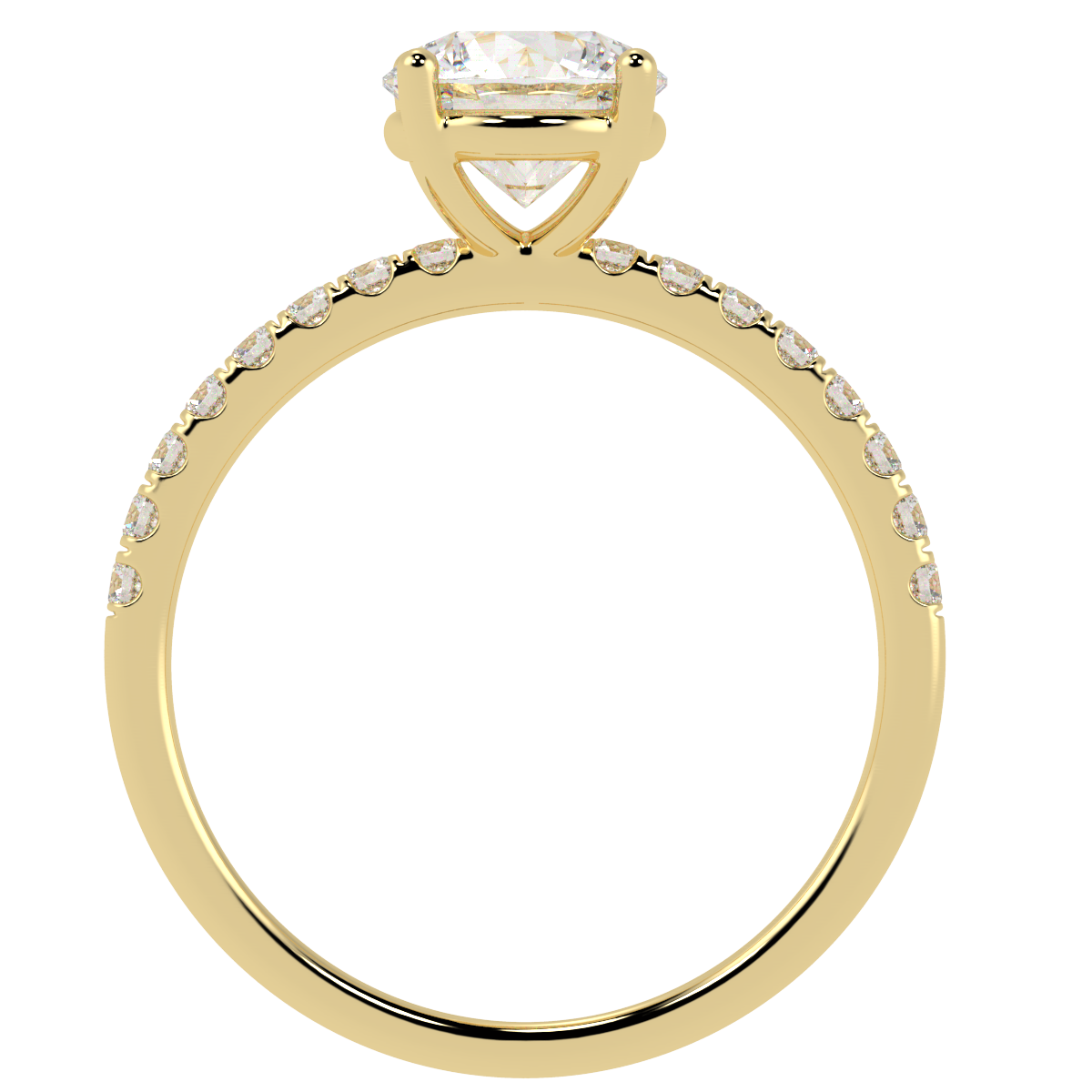 Modern Round Cut Diamond Shoulder Ring in yellow gold, flat view