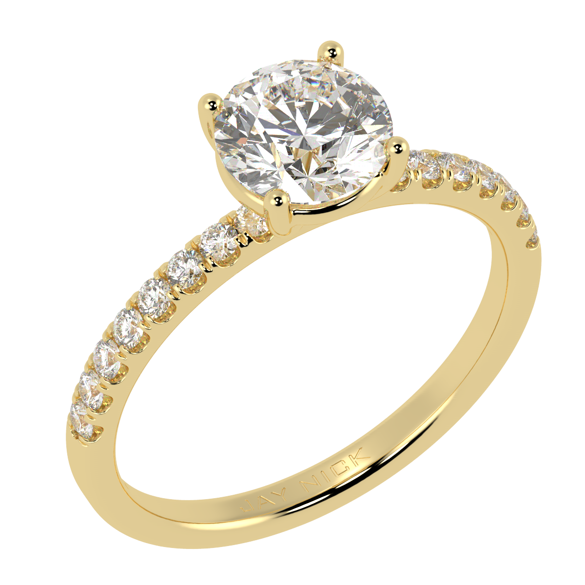 Modern Round Cut Diamond Shoulder Ring in yellow gold, perspective view