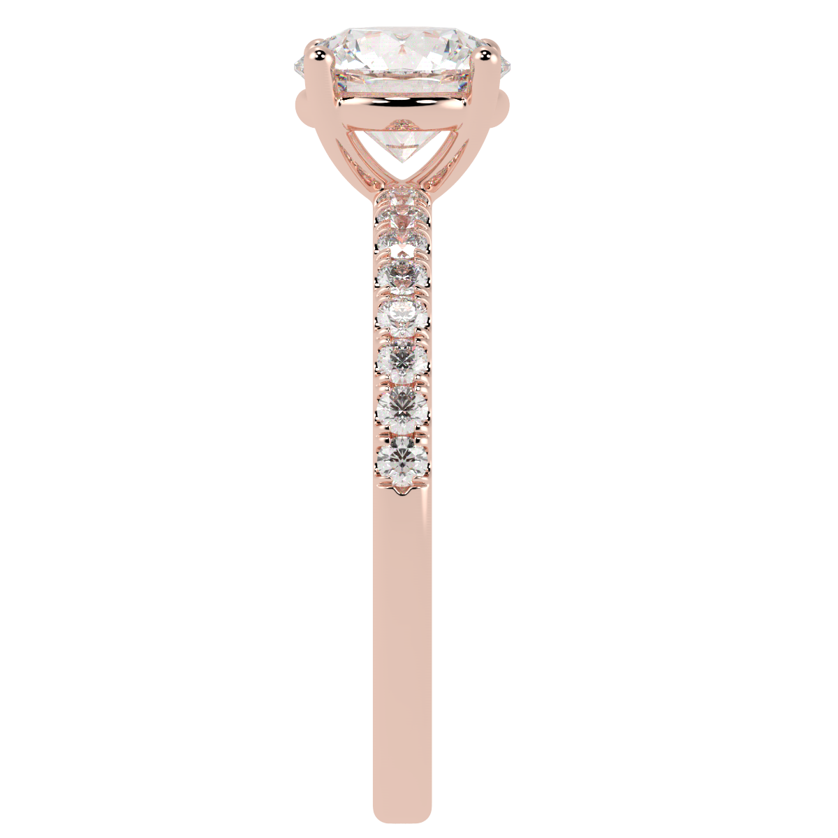 Modern Round Cut Diamond Shoulder Ring in rose gold, side view