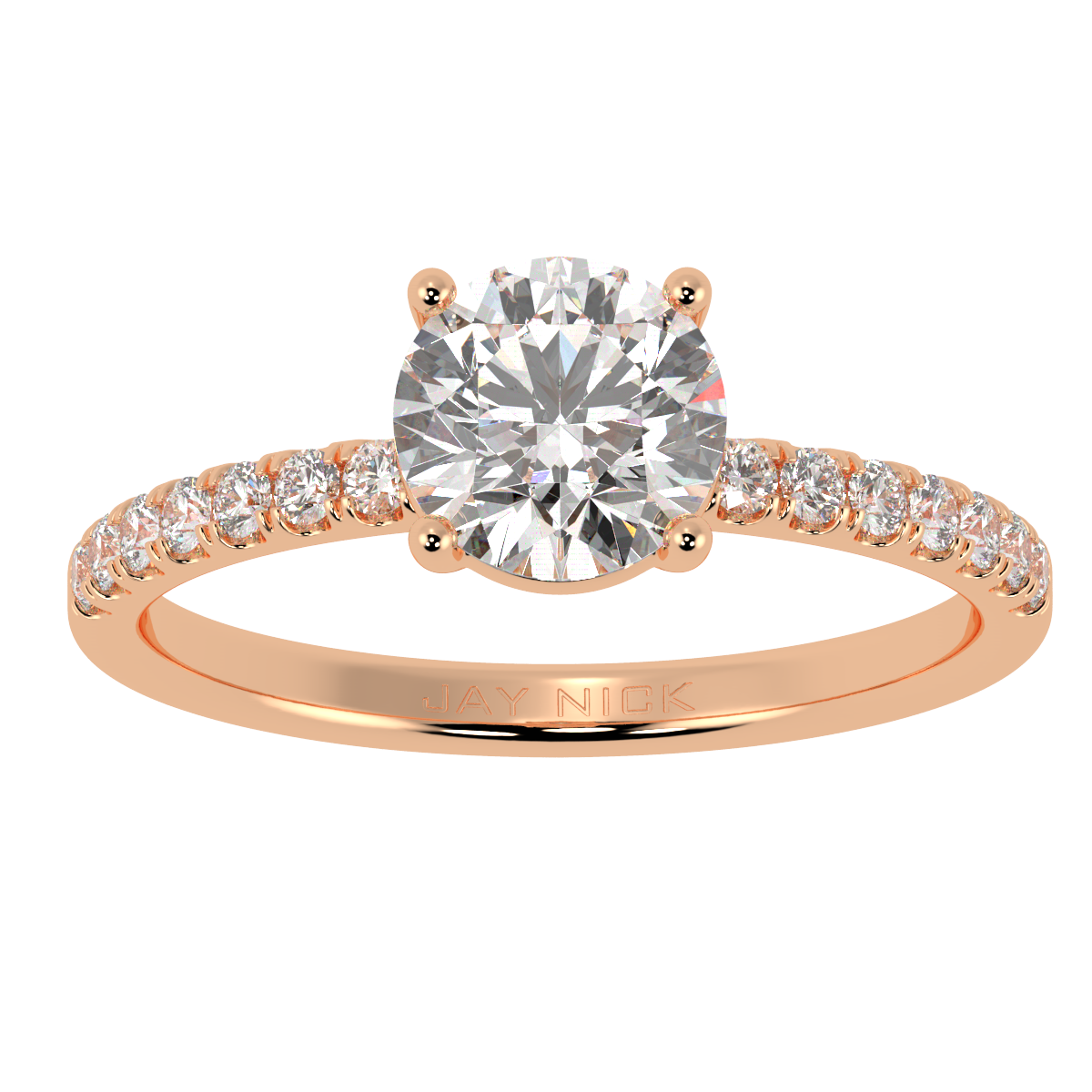 Modern Round Cut Diamond Shoulder Ring in rose gold, top view