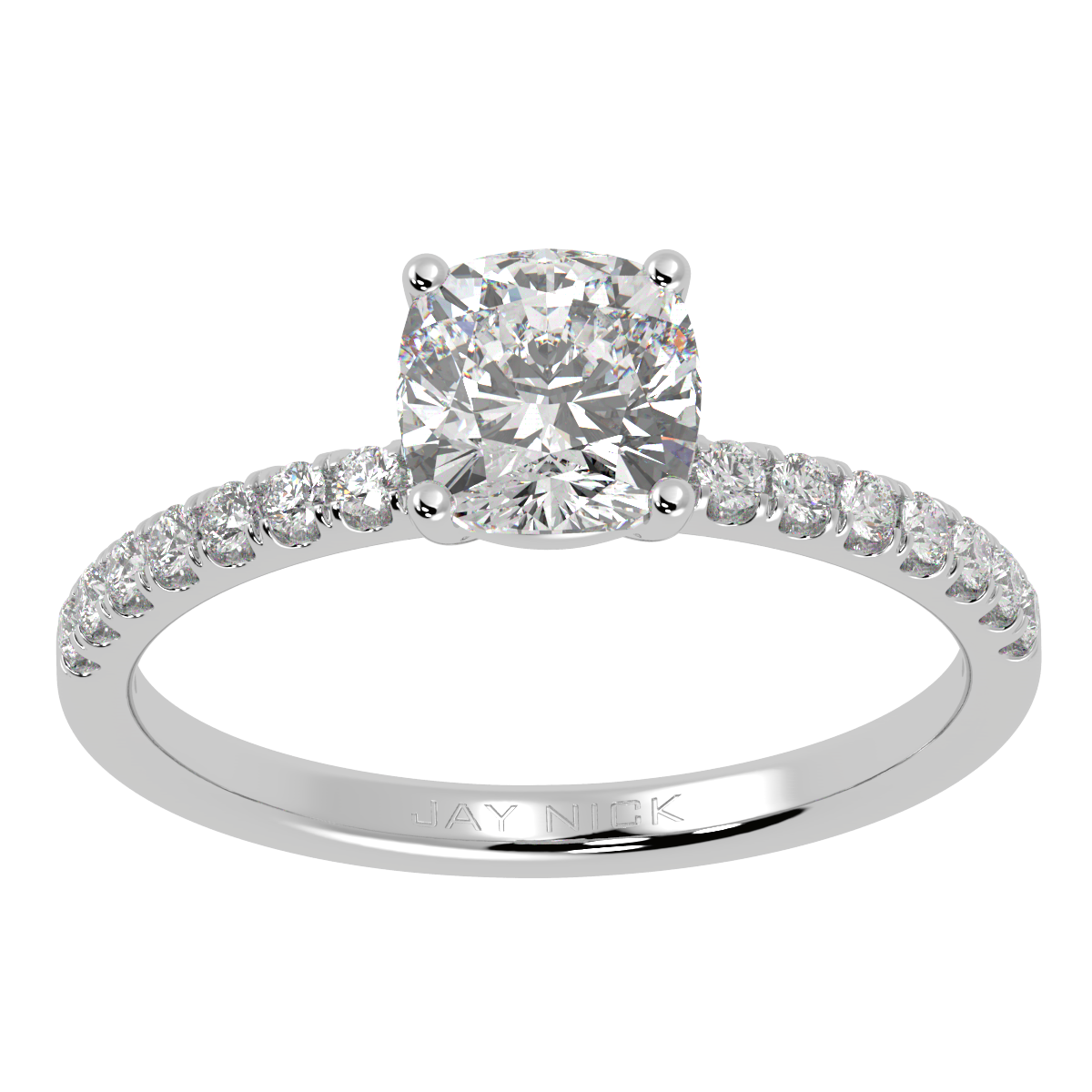 Modern Cushion Cut Diamond Shoulder Ring in white gold or platinum, top view