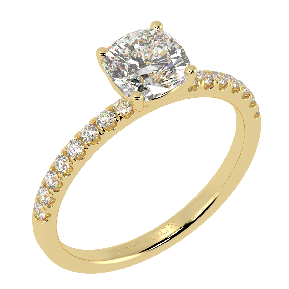 Modern Cushion Cut Diamond Shoulder Ring in yellow gold, perspective view