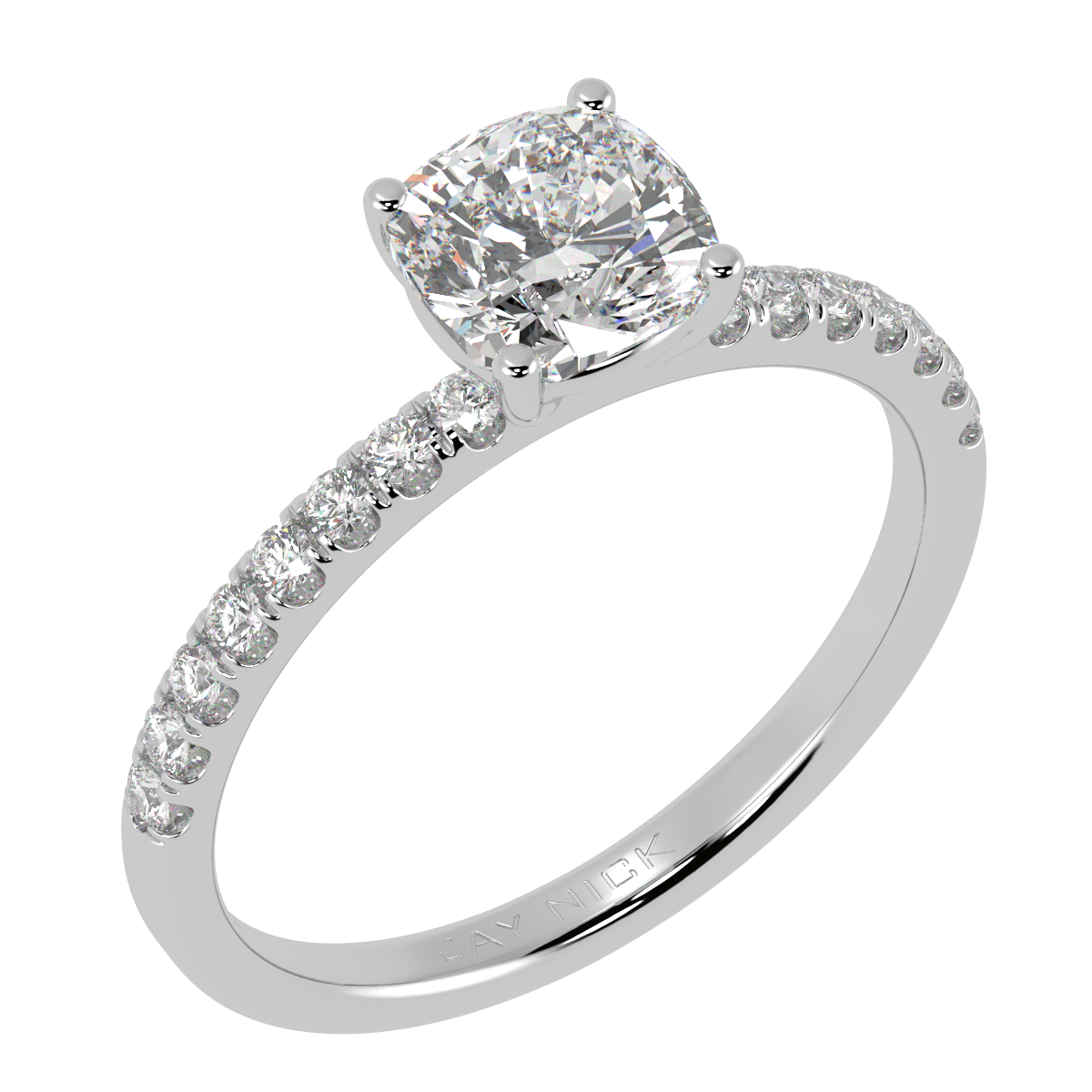 Modern Cushion Cut Diamond Shoulder Ring in white gold or platinum, perspective view