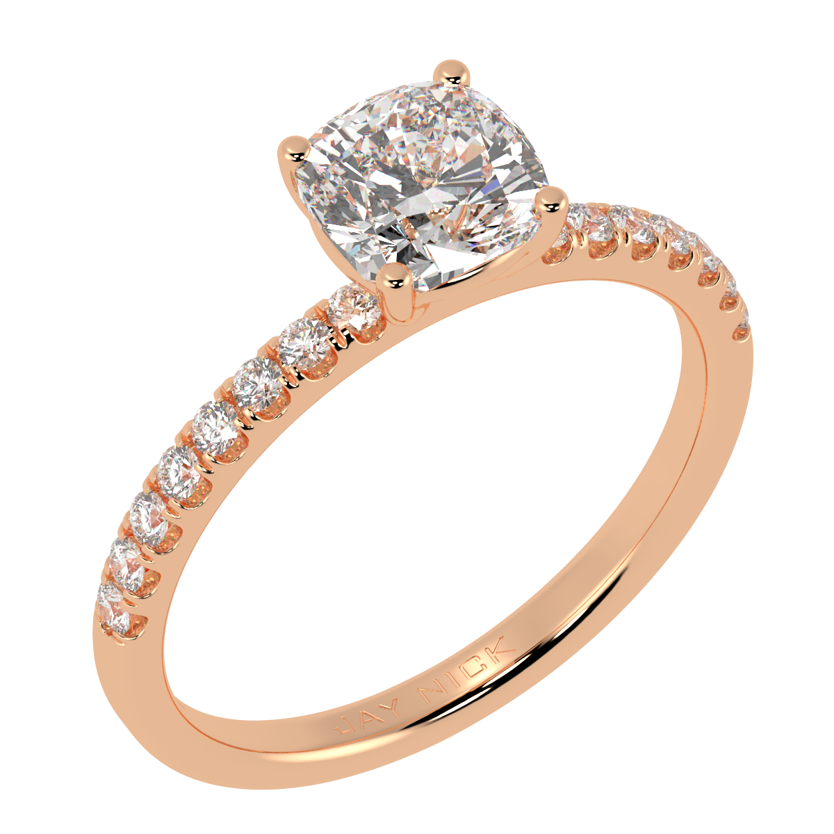 Modern Cushion Cut Diamond Shoulder Ring in rose gold, perspective view