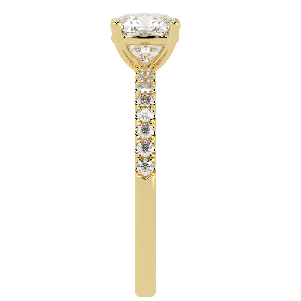 Modern Cushion Cut Diamond Shoulder Ring in yellow gold, side view