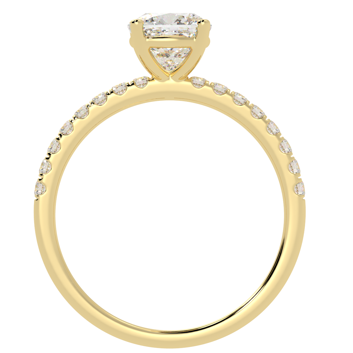 Modern Cushion Cut Diamond Shoulder Ring in yellow gold, flat view