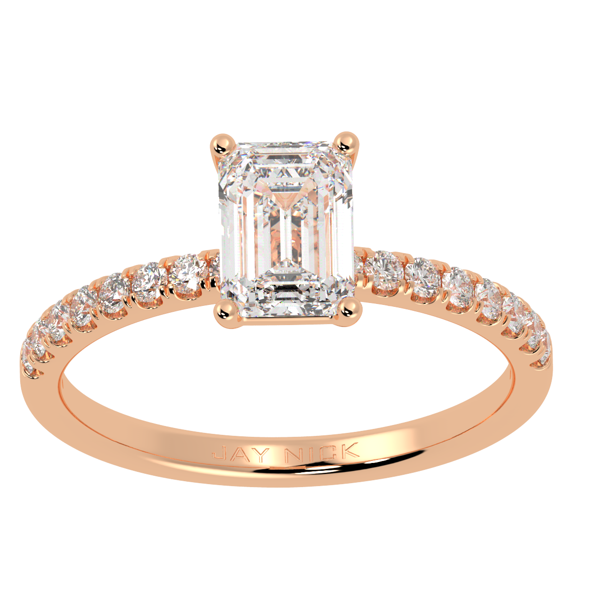 Modern Emerald Cut Diamond Shoulder Ring in rose gold, top view