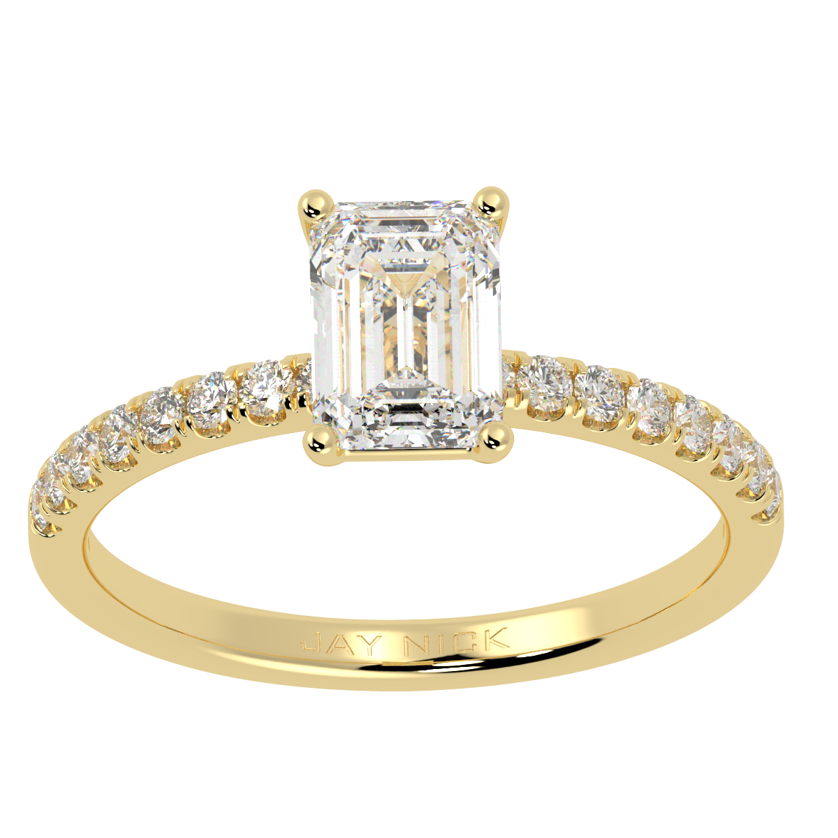 Modern Emerald Cut Diamond Shoulder Ring in yellow gold, top view