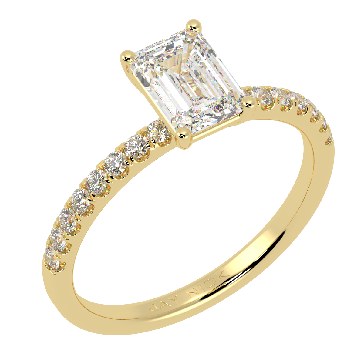 Modern Emerald Cut Diamond Shoulder Ring in yellow gold, perspective view