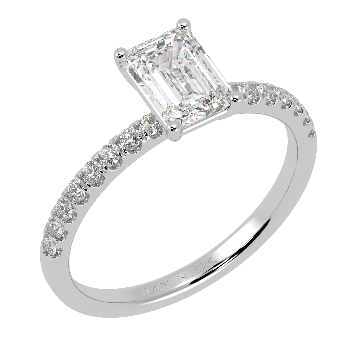 Modern Emerald Cut Diamond Shoulder Ring in white gold or platinum, perspective view