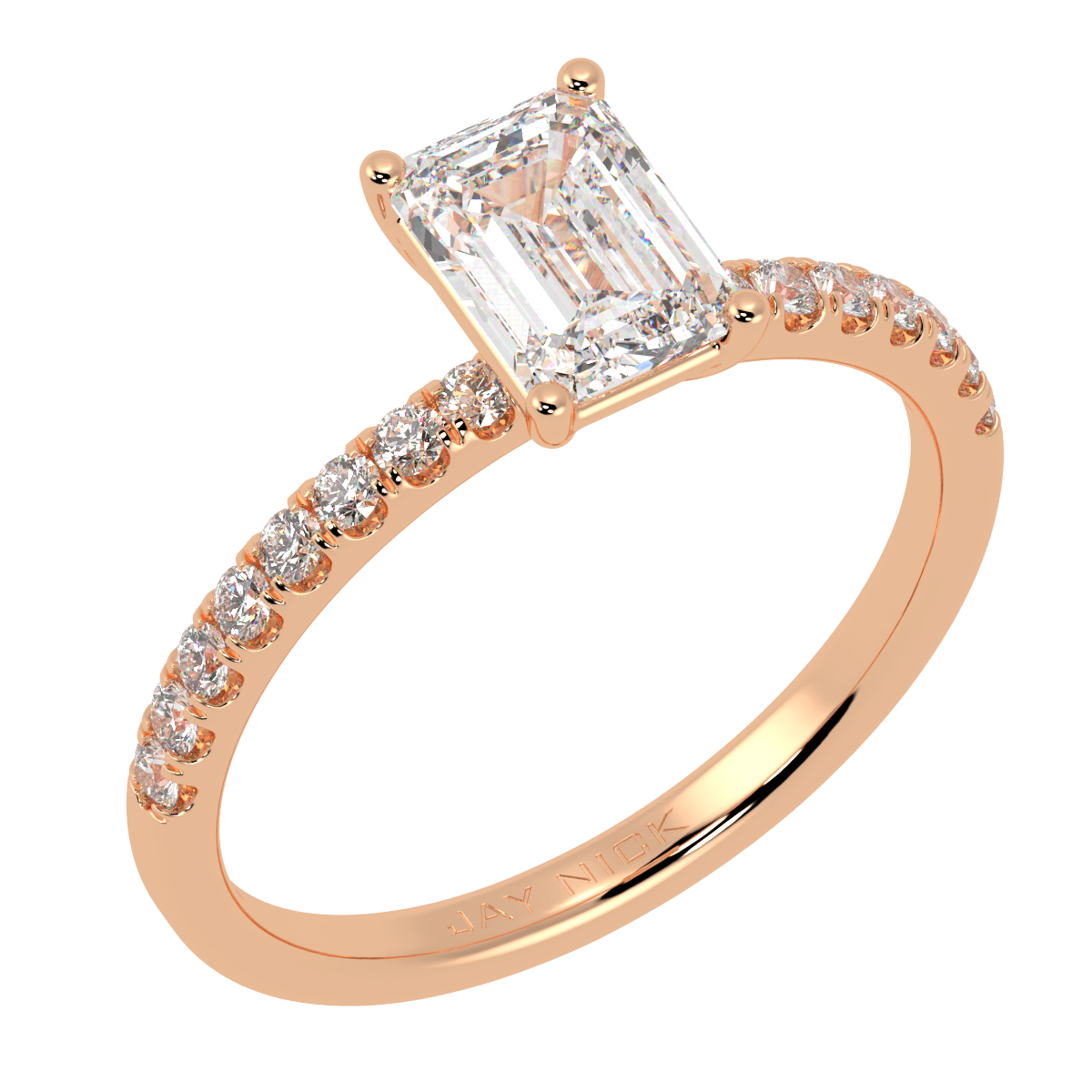 Modern Emerald Cut Diamond Shoulder Ring in rose gold, perspective view