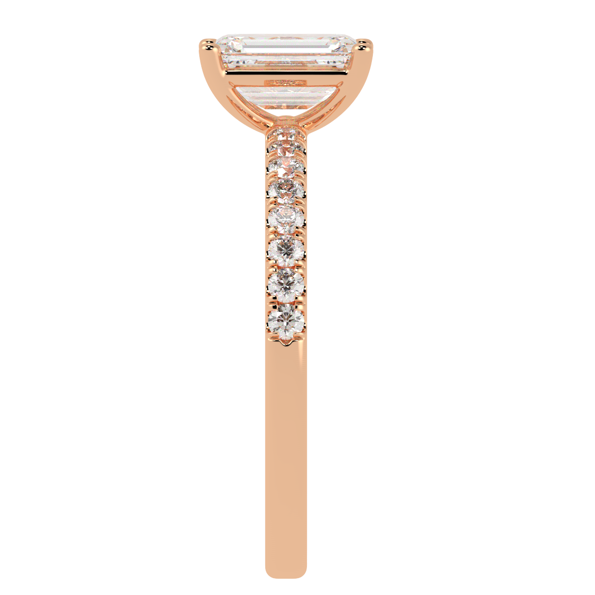 Modern Emerald Cut Diamond Shoulder Ring in rose gold, side view