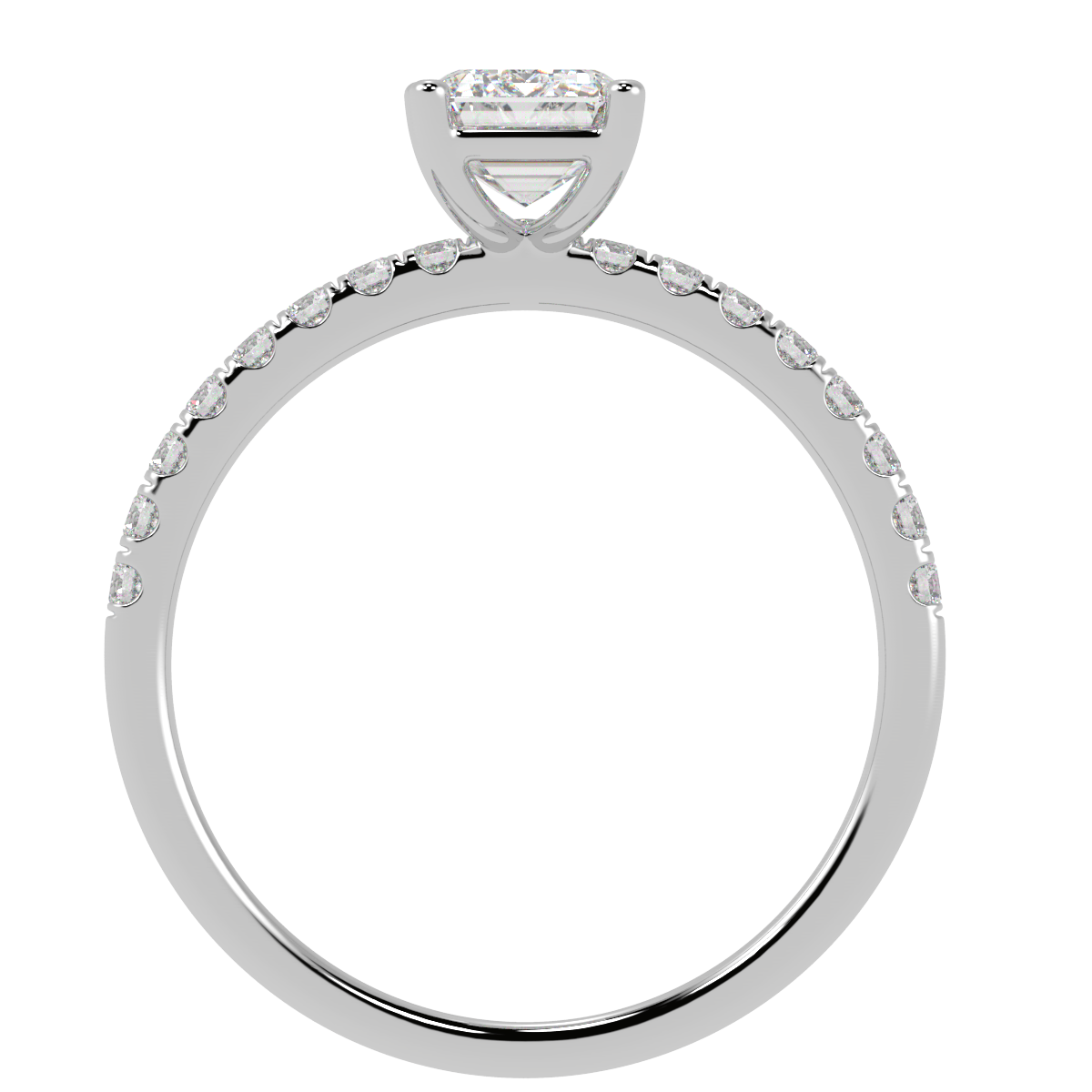 Modern Emerald Cut Diamond Shoulder Ring in white gold or platinum, flat view