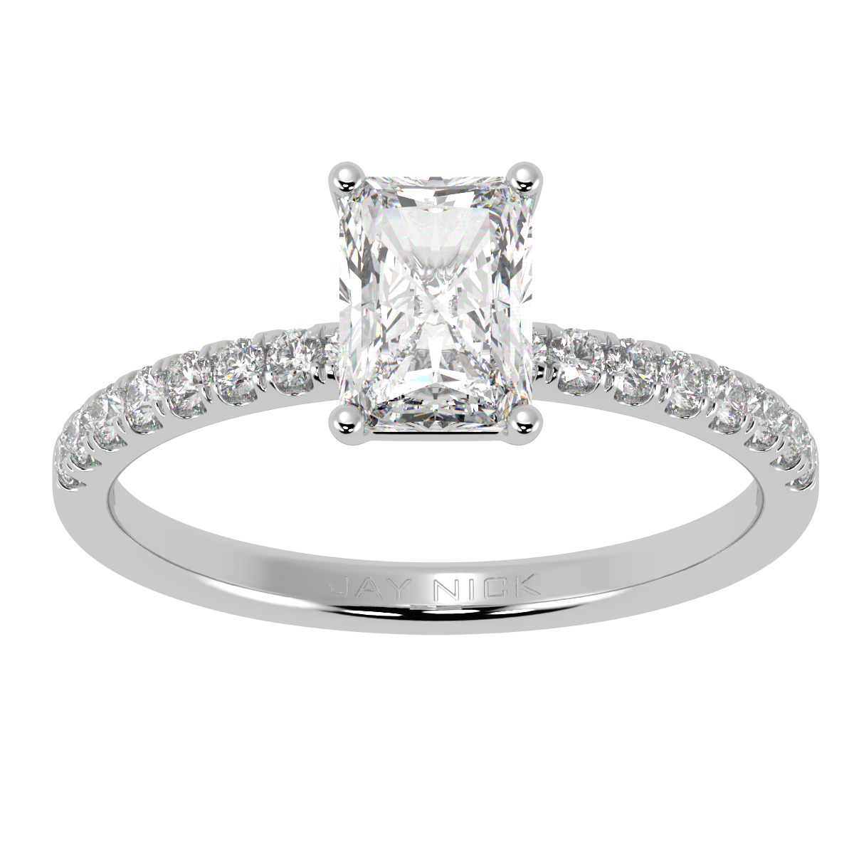 Modern Radiant Cut Diamond Shoulder Ring in white gold or platinum, top view