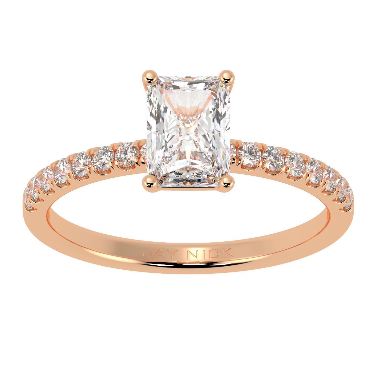 Modern Radiant Cut Diamond Shoulder Ring in rose gold, top view
