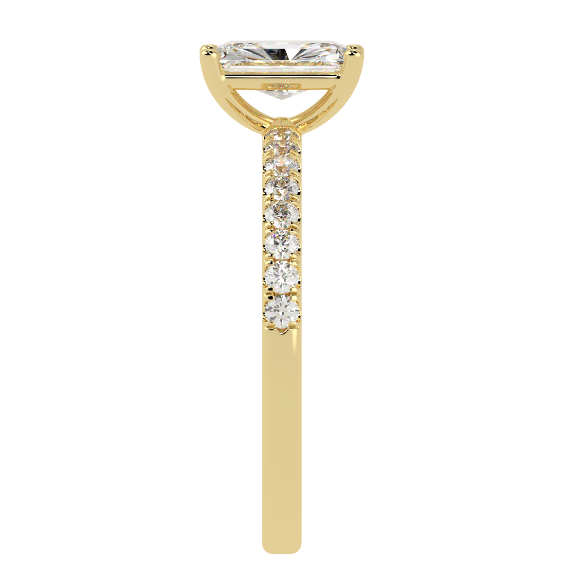Modern Radiant Cut Diamond Shoulder Ring in yellow gold, side view