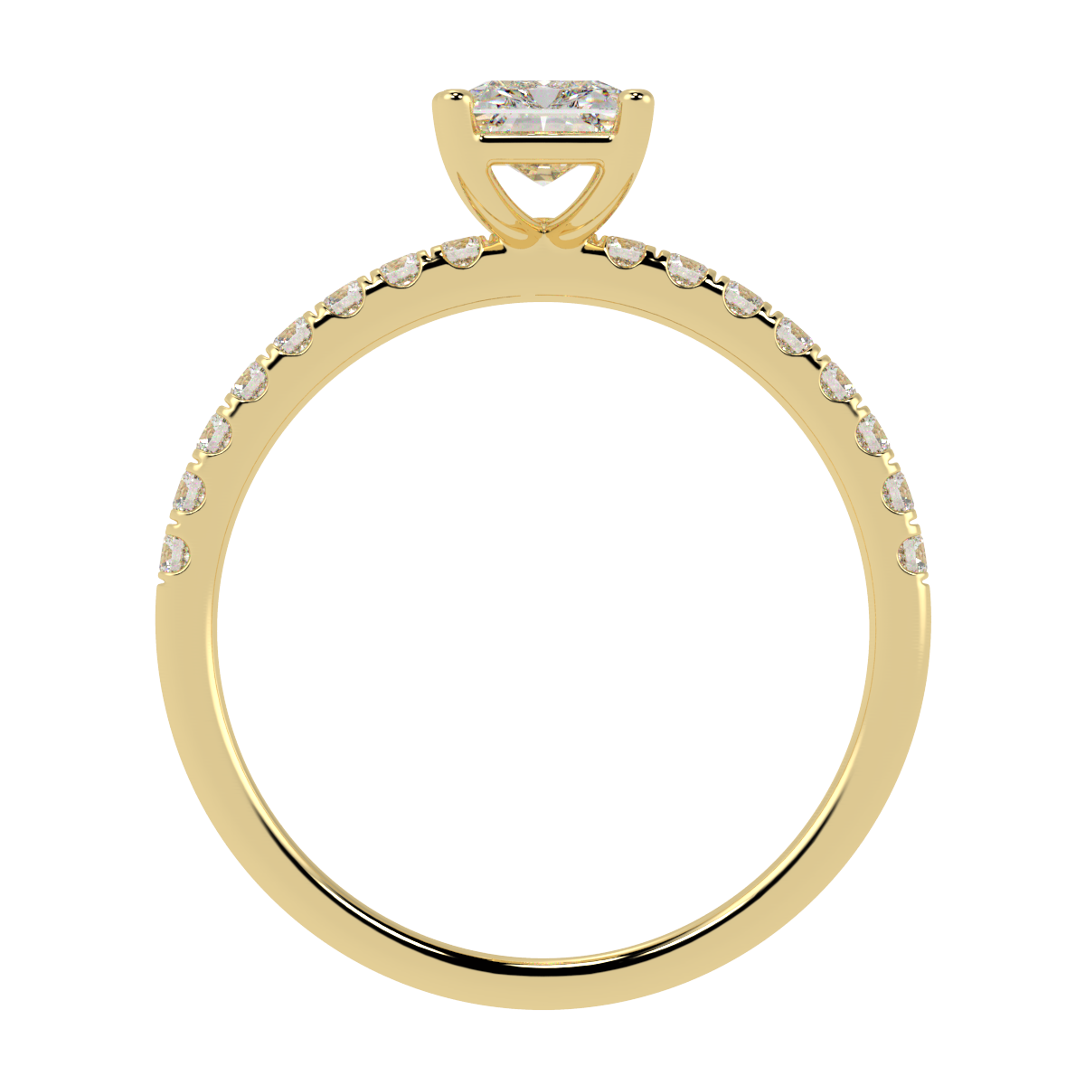 Modern Radiant Cut Diamond Shoulder Ring in yellow gold, flat view